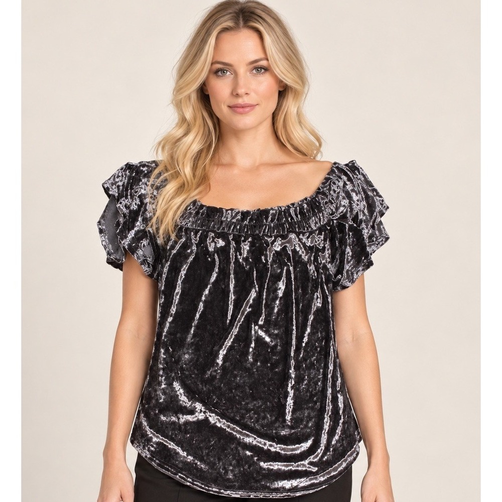 Umgee Blouse Gray Crushed Velvet Ruffle Sleeve Peasant Blouse Top NWT Size Large
